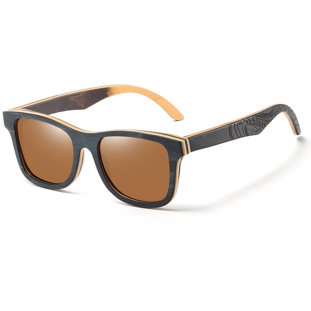 Popular Bamboo Wood Glasses Black Skateboard Wood Patterned Leg Classic Sunglasses Retro