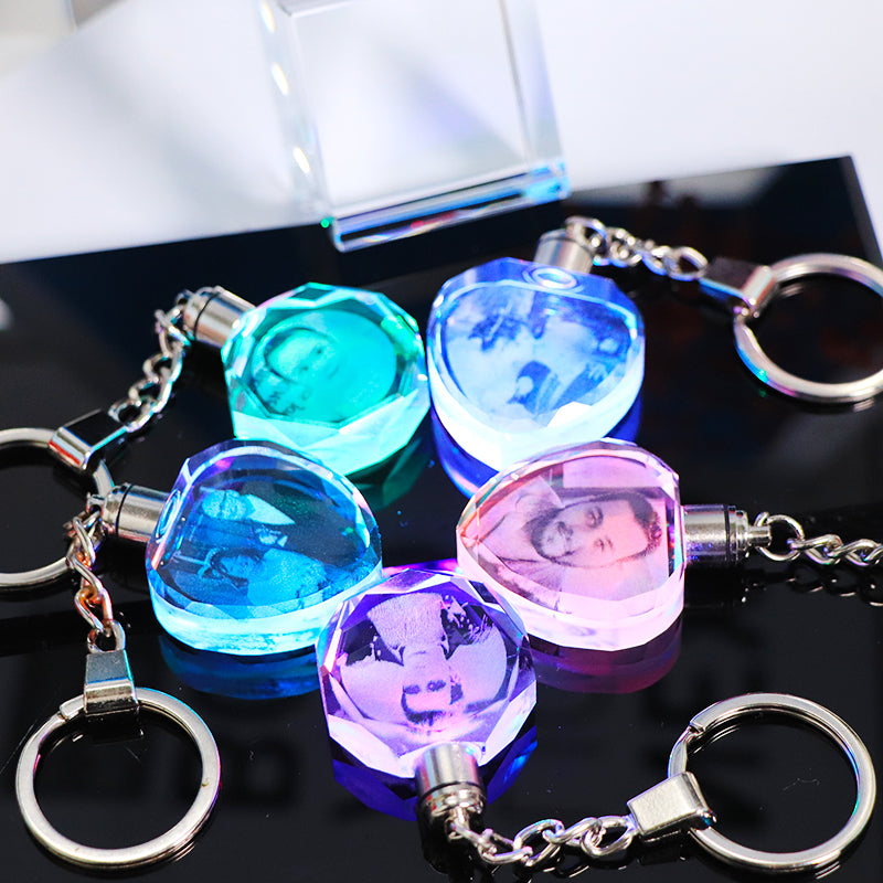 Crystal Keychain Customization Custom Photo Couple Family Souvenir Gift Laser Carve Crystal Keychain Photo Colorful LED Light Key Chain