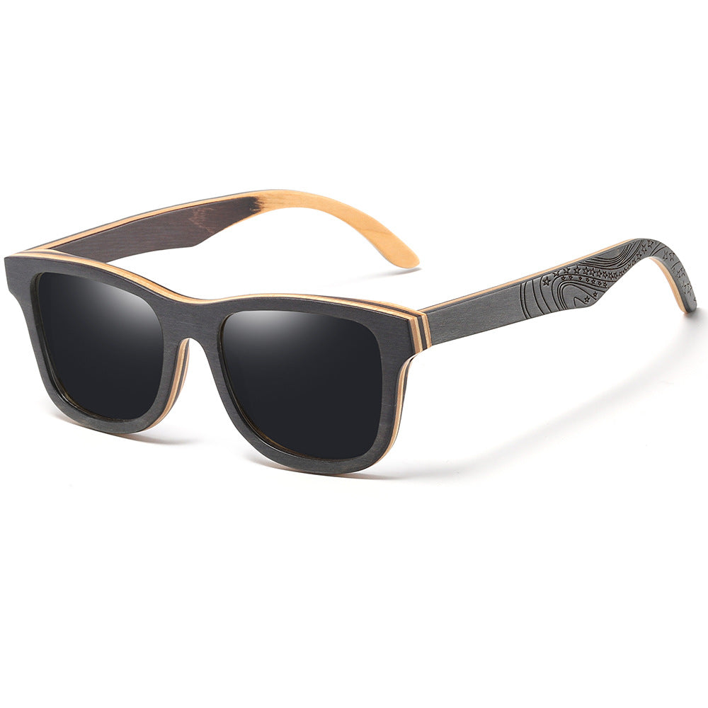 Popular Bamboo Wood Glasses Black Skateboard Wood Patterned Leg Classic Sunglasses Retro