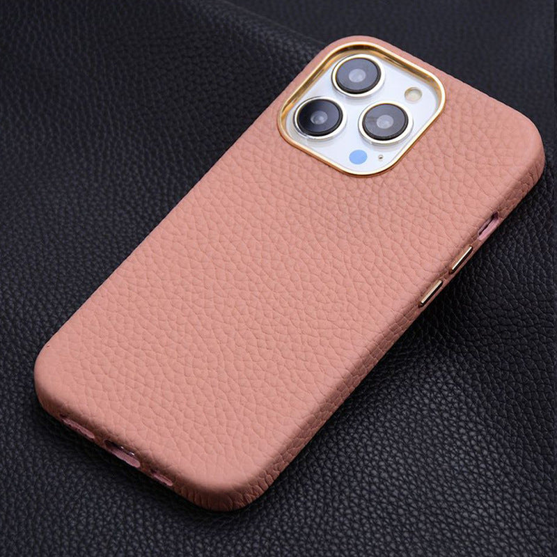 Suitable For Iphone15 All-inclusive First-layer Cowhide Magnetic Mobile Phone Leather Case With Metal Buttons Apple 15 Genuine Leather Mobile Phone Case