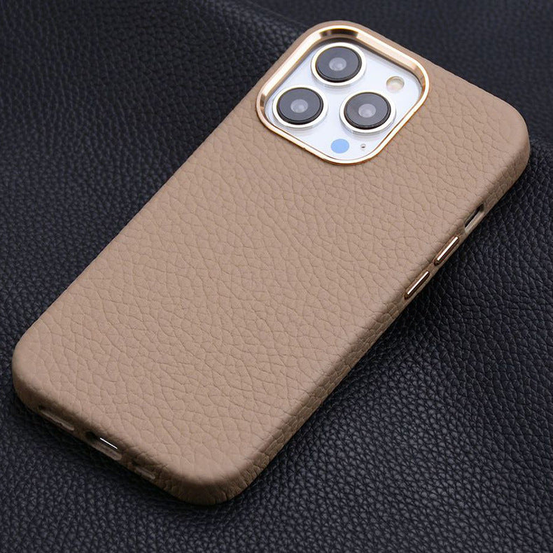 Suitable For Iphone15 All-inclusive First-layer Cowhide Magnetic Mobile Phone Leather Case With Metal Buttons Apple 15 Genuine Leather Mobile Phone Case