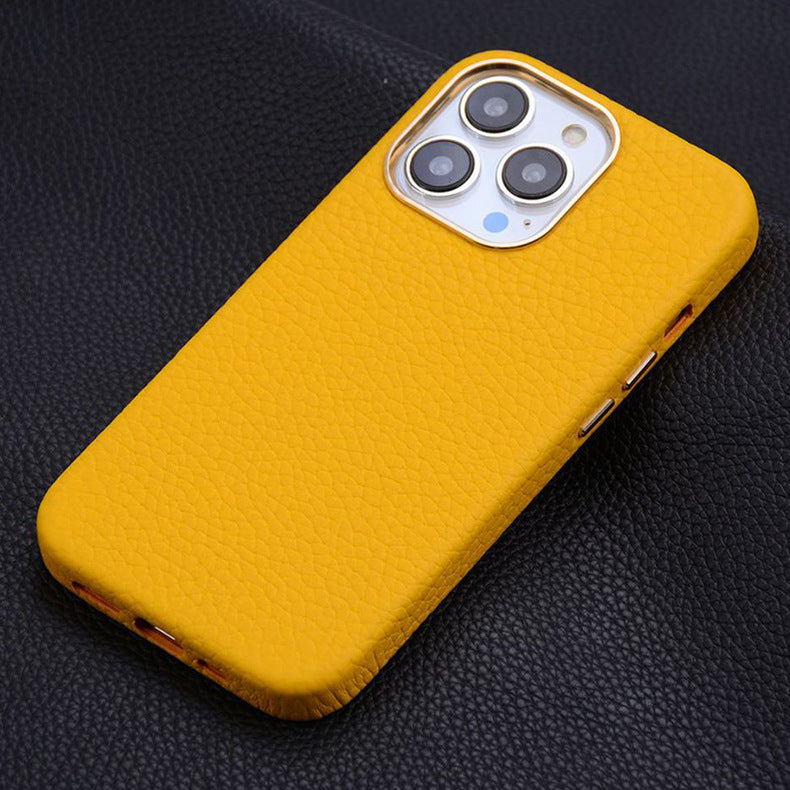 Suitable For Iphone15 All-inclusive First-layer Cowhide Magnetic Mobile Phone Leather Case With Metal Buttons Apple 15 Genuine Leather Mobile Phone Case