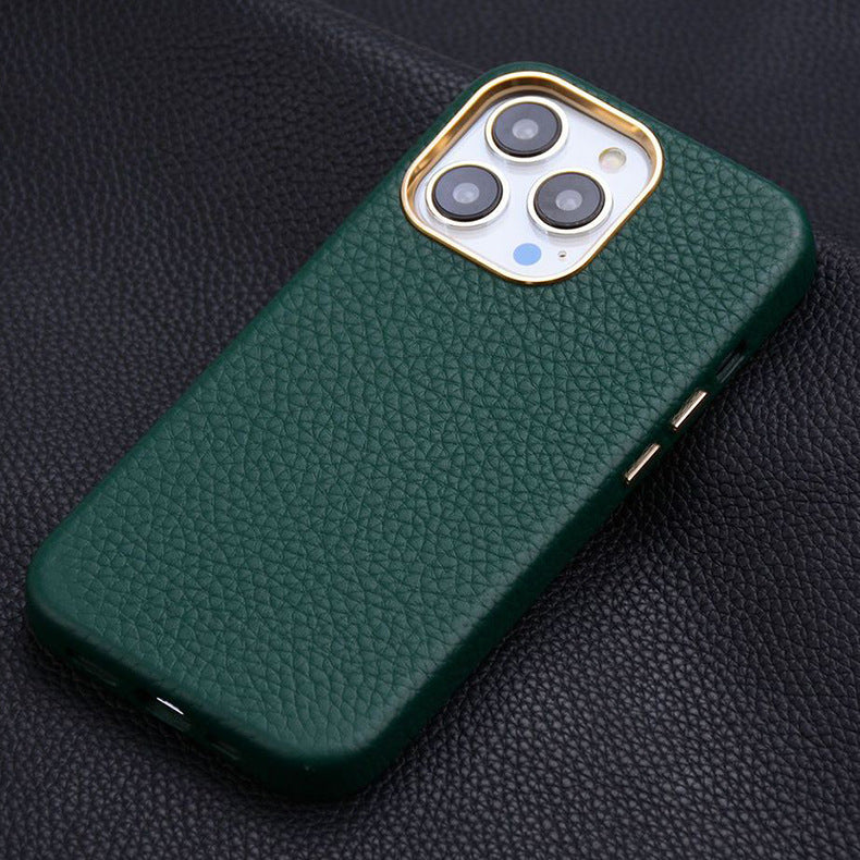 Suitable For Iphone15 All-inclusive First-layer Cowhide Magnetic Mobile Phone Leather Case With Metal Buttons Apple 15 Genuine Leather Mobile Phone Case