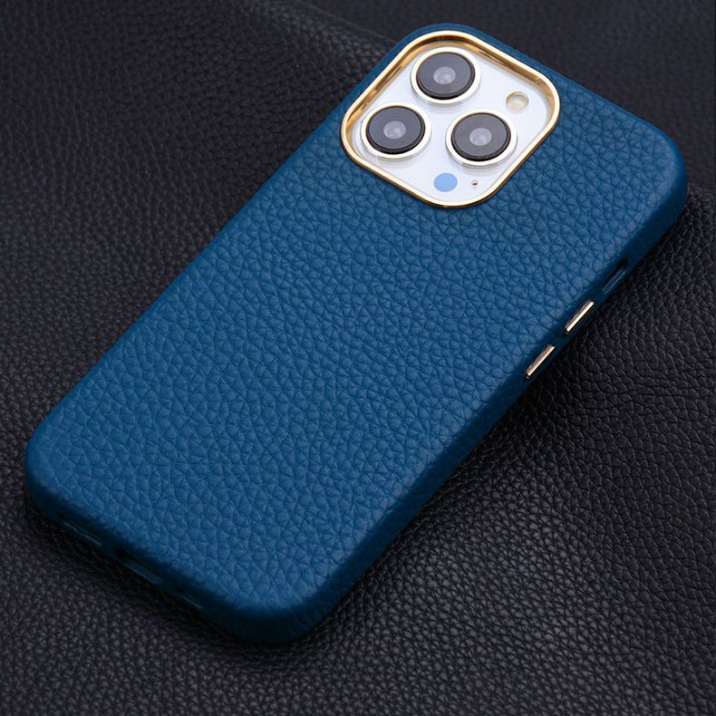 Suitable For Iphone15 All-inclusive First-layer Cowhide Magnetic Mobile Phone Leather Case With Metal Buttons Apple 15 Genuine Leather Mobile Phone Case