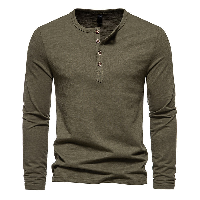 Winter New Long Sleeve T-shirt Men's Bamboo Cotton Solid Color Four Button Henry Collar Long Sleeve T-shirt Men