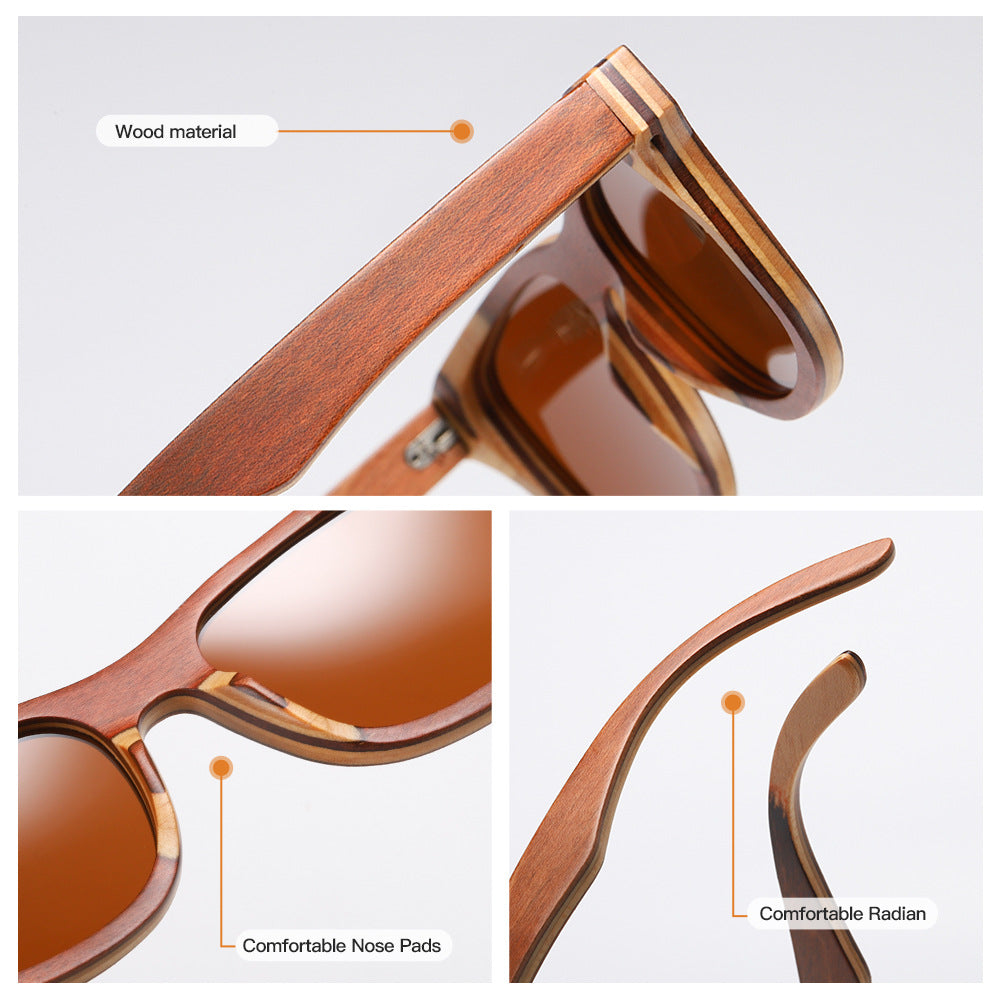Popular Bamboo Wood Glasses Brown Skateboard Wood Full Frame Anti-Stress Eco-Friendly Polarized Sunglasses