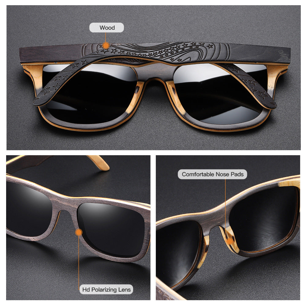 Popular Bamboo Wood Glasses Black Skateboard Wood Patterned Leg Classic Sunglasses Retro