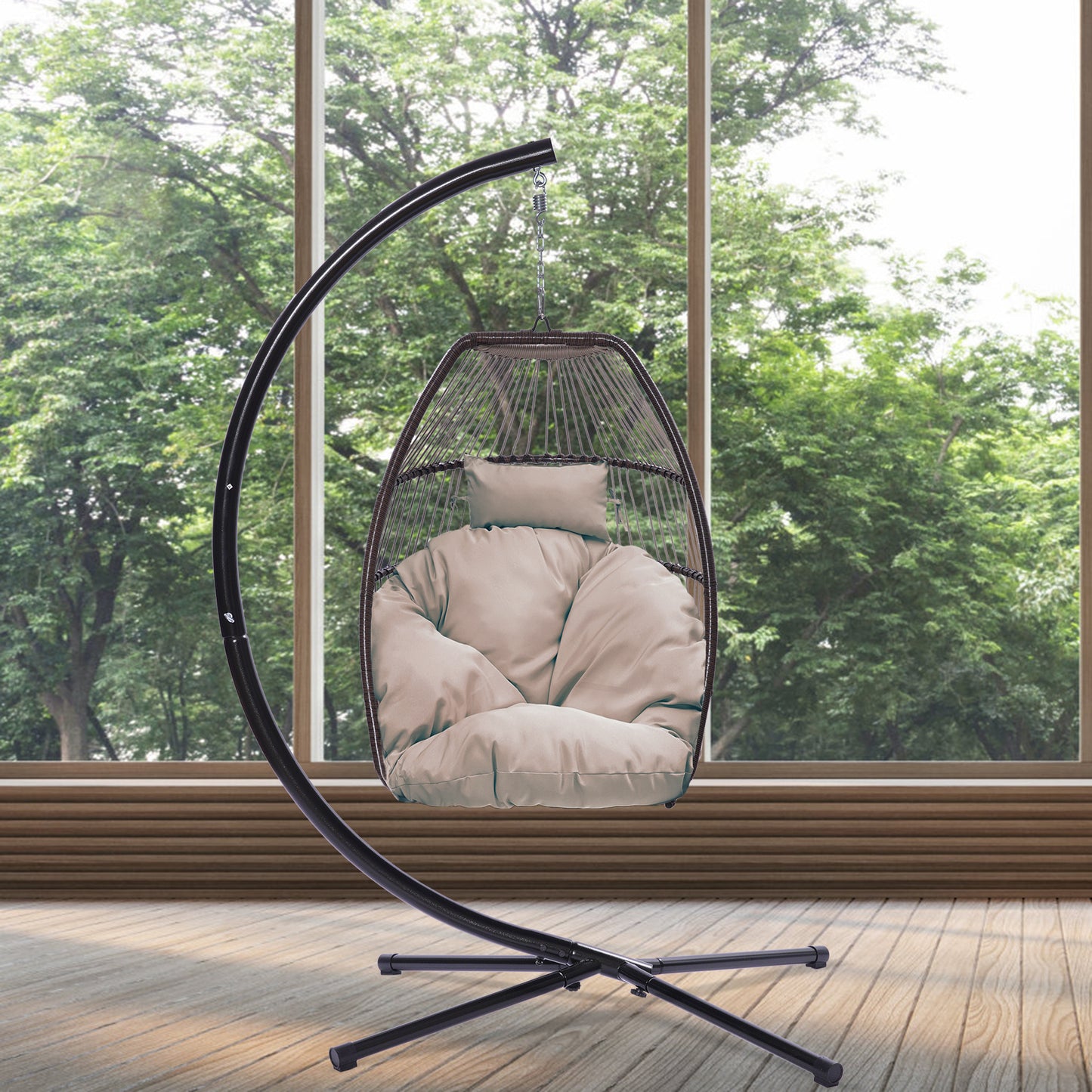 Outdoor Patio Wicker Folding Hanging Chair,Rattan Swing Hammock Egg Chair With C Type Bracket , With Cushion And Pillow