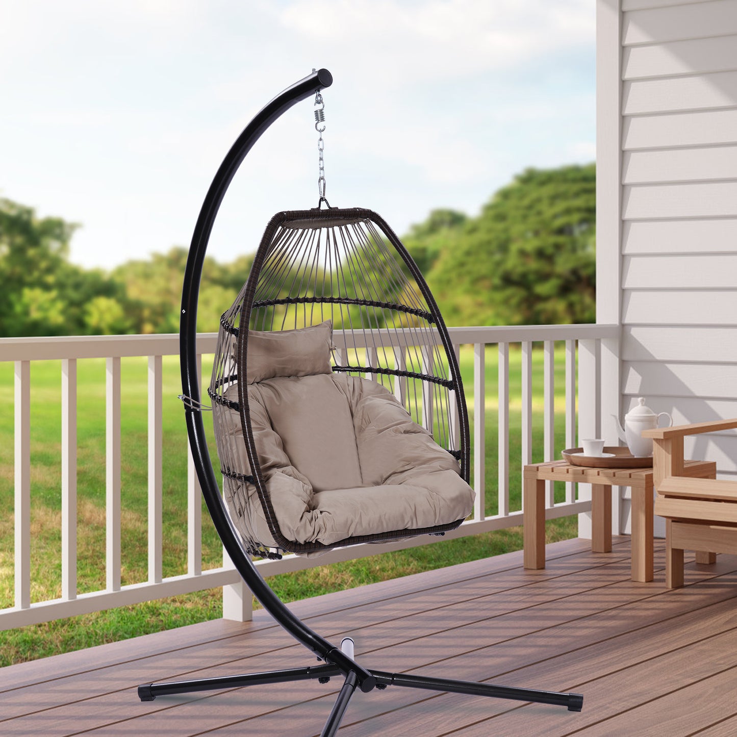 Outdoor Patio Wicker Folding Hanging Chair,Rattan Swing Hammock Egg Chair With C Type Bracket , With Cushion And Pillow