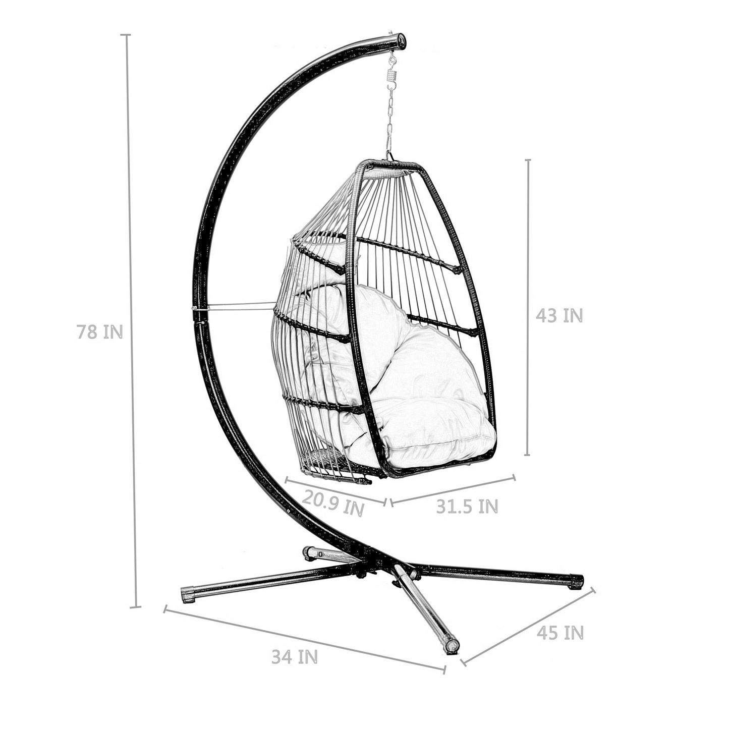 Outdoor Patio Wicker Folding Hanging Chair,Rattan Swing Hammock Egg Chair With C Type Bracket , With Cushion And Pillow