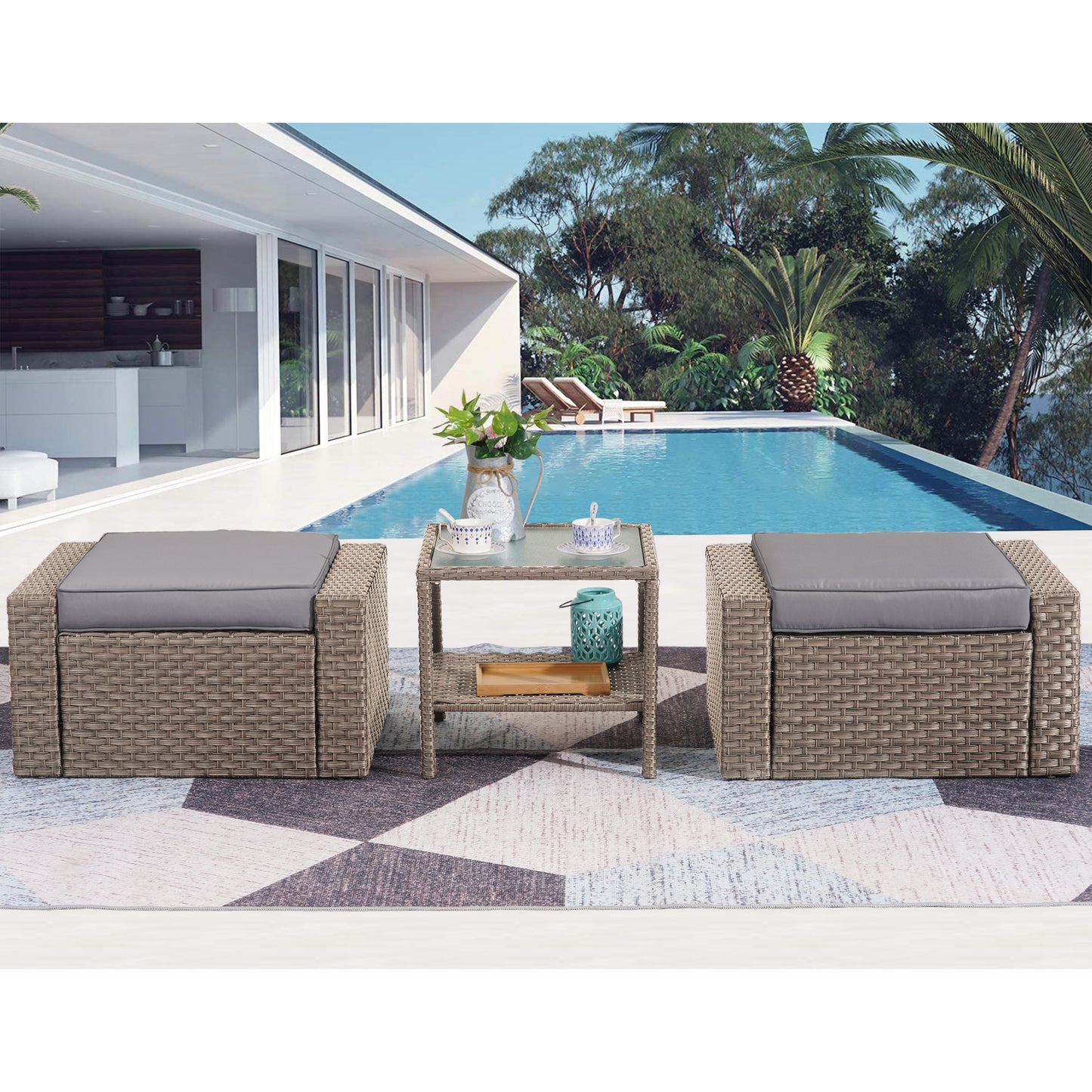 3 Piece Outdoor Ottomans with Glass Coffee Table