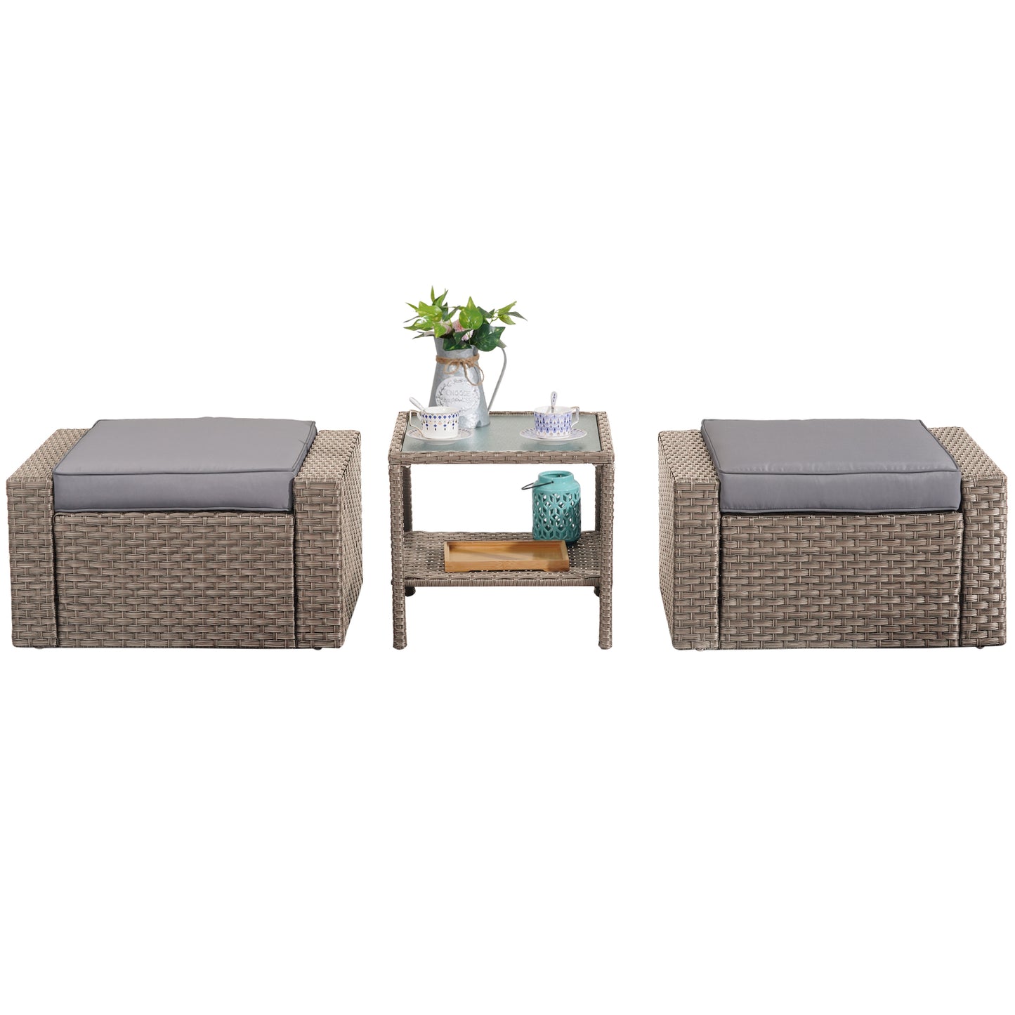 3 Piece Outdoor Ottomans with Glass Coffee Table