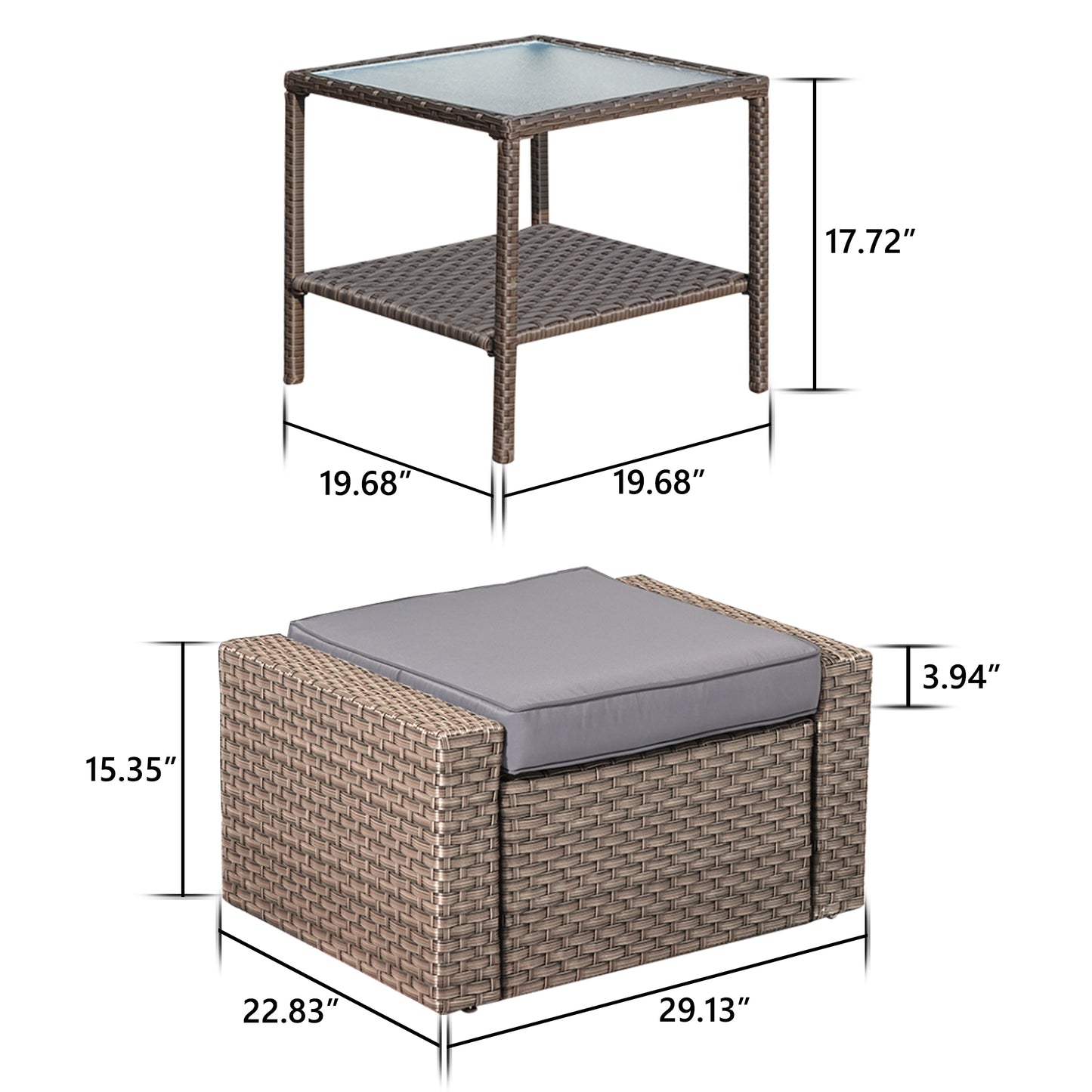 3 Piece Outdoor Ottomans with Glass Coffee Table