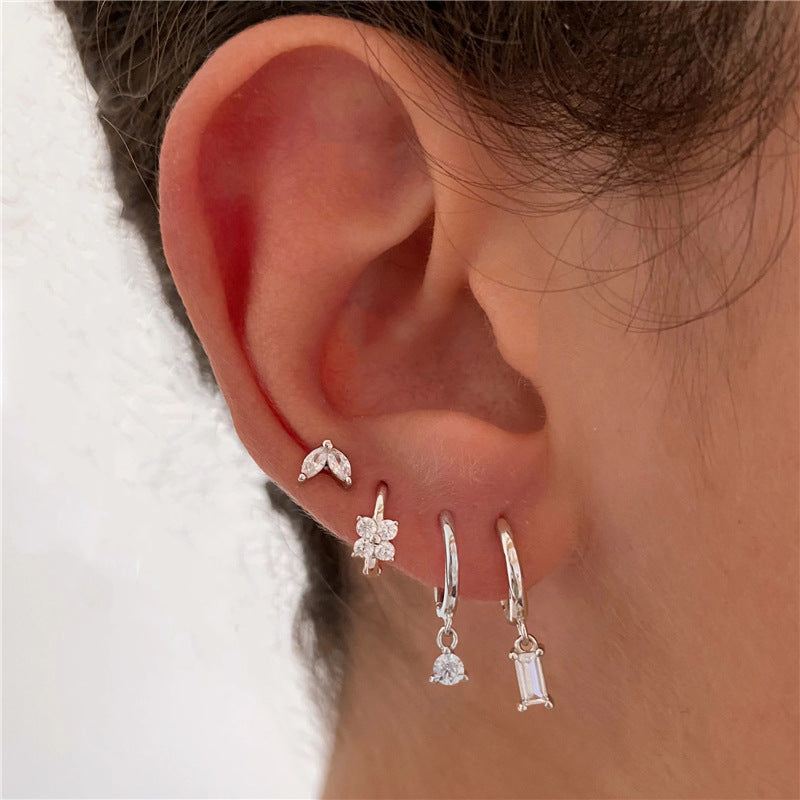 Geometric Horse Eye Flower Zircon Temperament Stacking Four-piece Earrings Earrings Earrings Earrings 4-piece Earrings Set