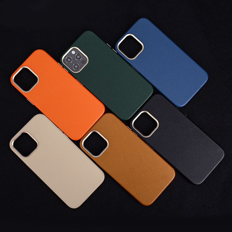 Suitable For Iphone15 All-inclusive First-layer Cowhide Magnetic Mobile Phone Leather Case With Metal Buttons Apple 15 Genuine Leather Mobile Phone Case