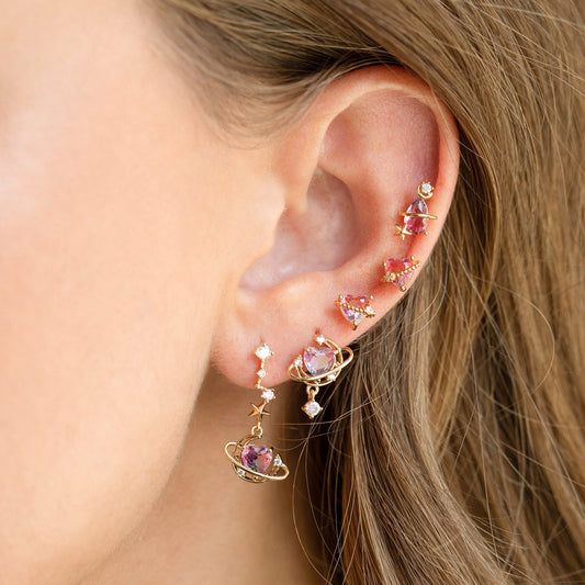 Korean Version Of The Korean Style Pink Zircon Earrings Set Heart-shaped Earrings Five-piece Set Jewelry