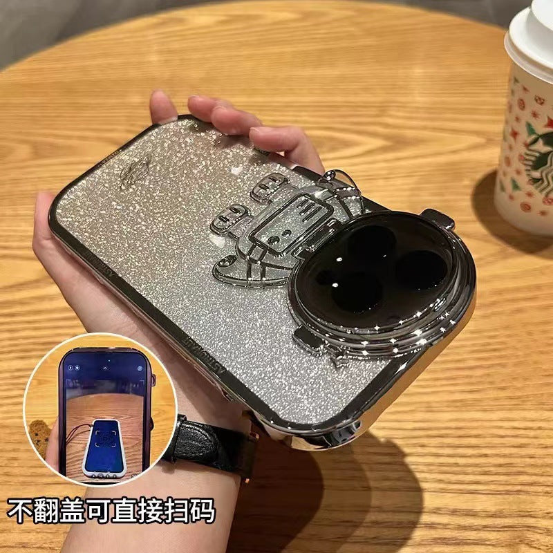 Suitable For IPhone15 Promax Astronaut Lens Holder Mobile Phone Case Apple 14 Electroplated Glitter Protective Case 13