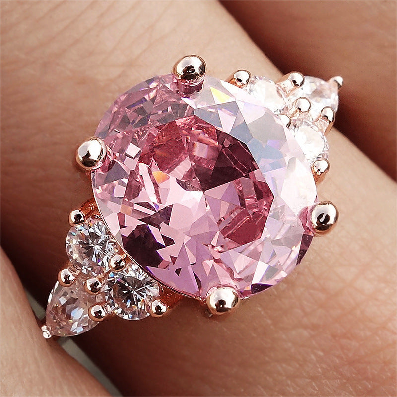 Oval Pink Diamond Ring Pink Crystal Egg-shaped Zircon Platinum-plated Rose Gold