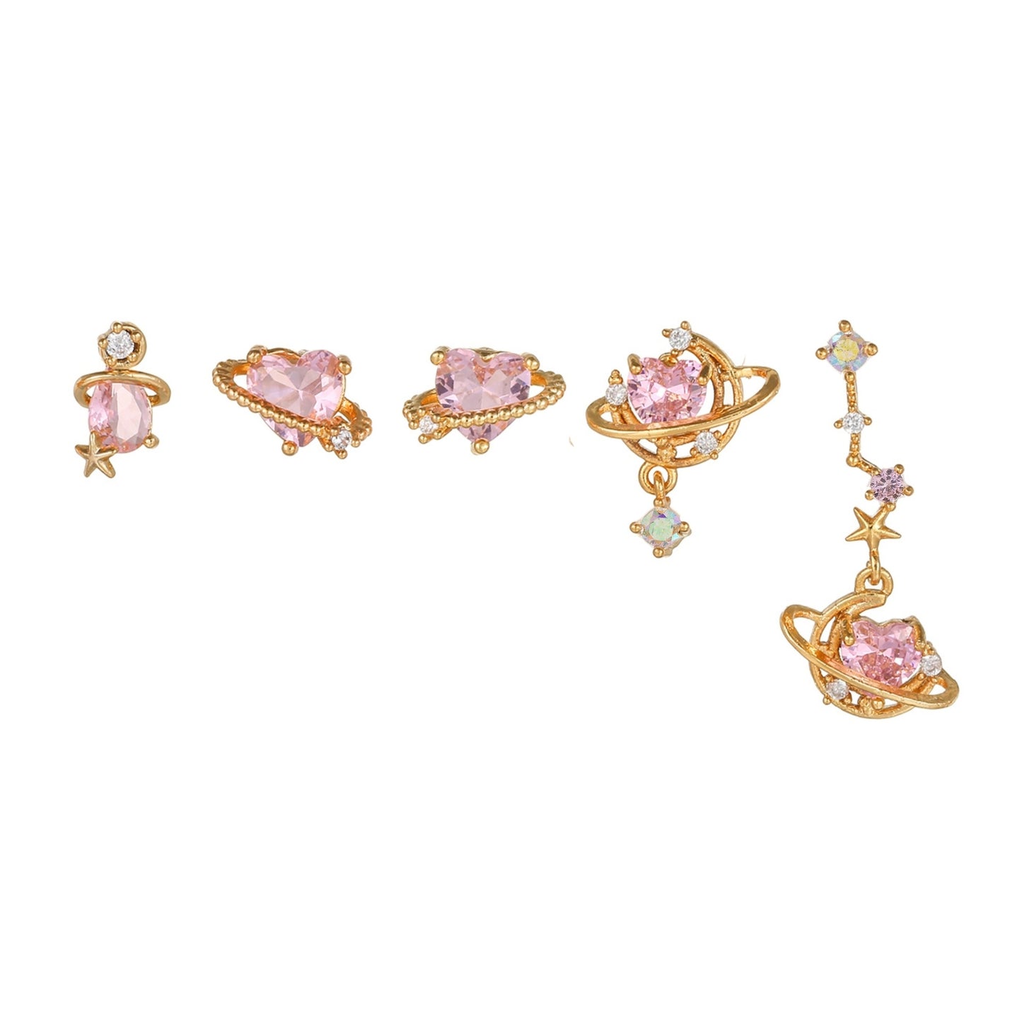 Korean Version Of The Korean Style Pink Zircon Earrings Set Heart-shaped Earrings Five-piece Set Jewelry