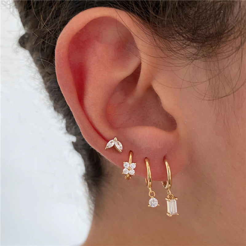 Geometric Horse Eye Flower Zircon Temperament Stacking Four-piece Earrings Earrings Earrings Earrings 4-piece Earrings Set